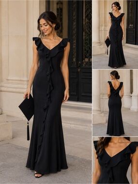 Elegant Black Ruffle-Trim V-Neck Evening Dress